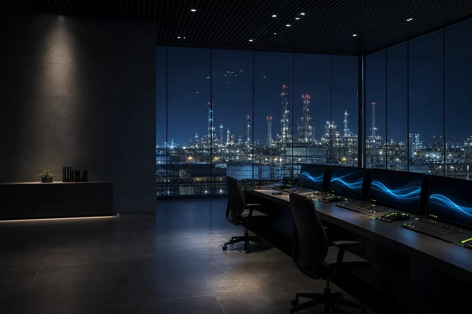 Quiet executive operations center overlooking an industrial night skyline