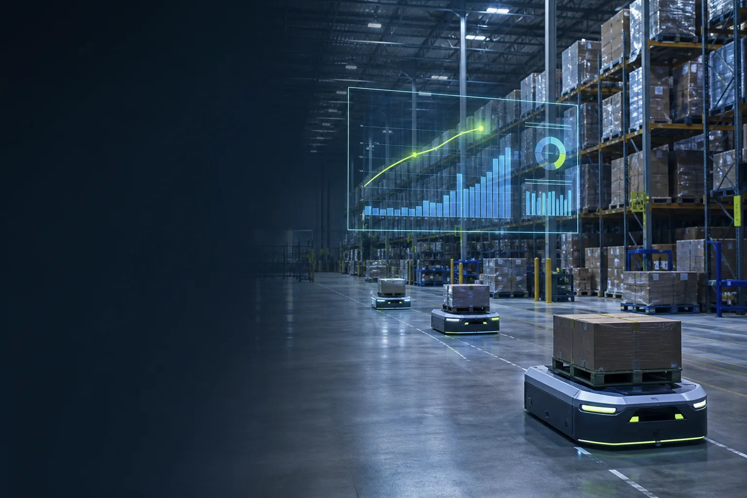 Warehouse robotics fleet with abstract break-even analysis hologram for RaaS ROI