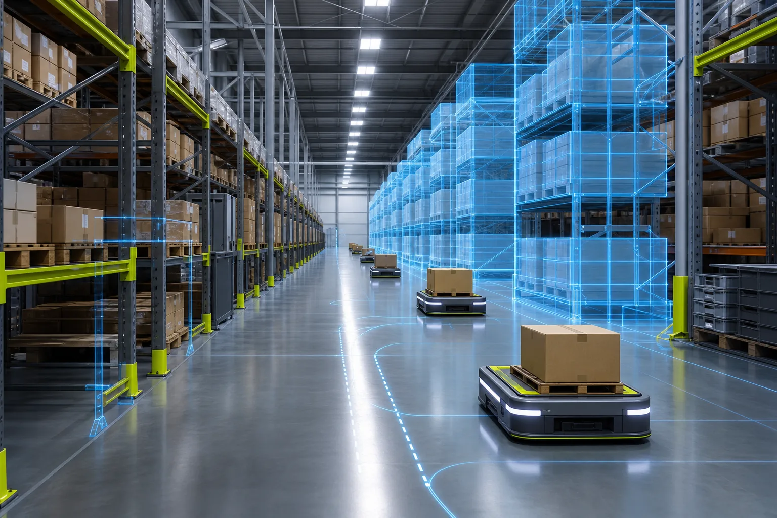 Autonomous mobile robots in a modern logistics warehouse aisle