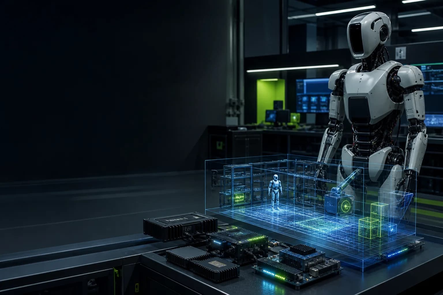 Physical AI lab Sim-to-Real bench with humanoid robot and holographic USD stage