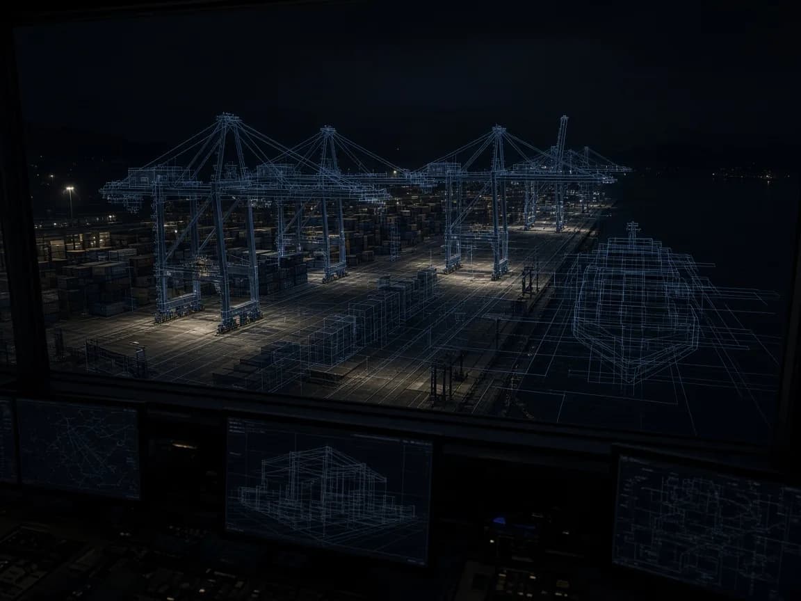 Port logistics terminal with a precise digital-twin wireframe overlay
