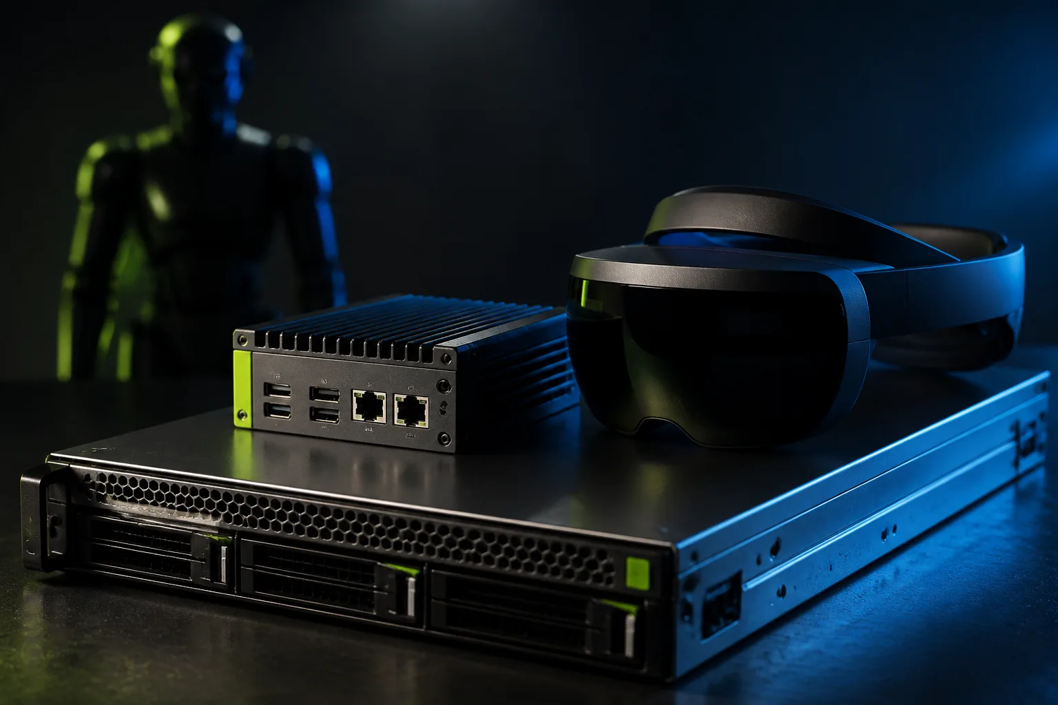 Hardware stack still life: edge compute, spatial headset, and humanoid silhouette